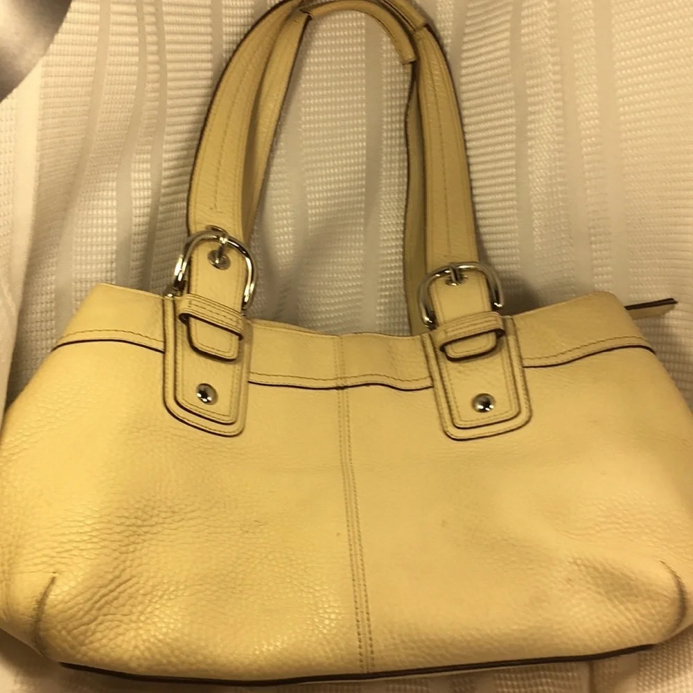 Coach large leather bag w/iconic buckles & charm